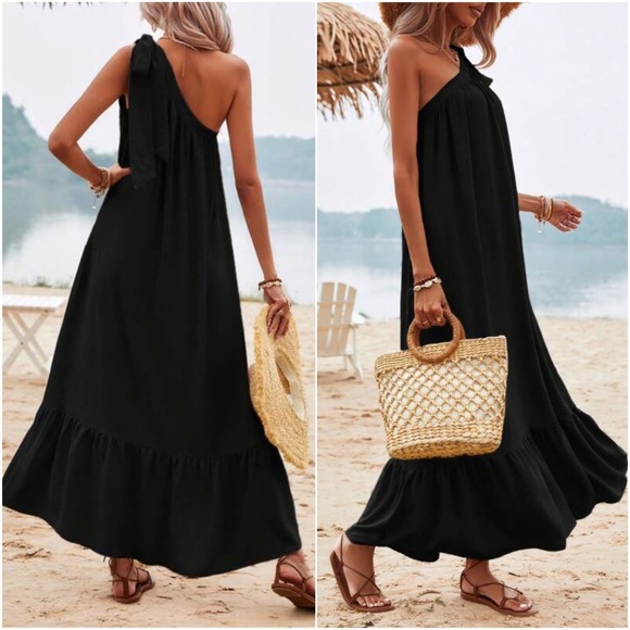 Solid One Shoulder Tie Ruffle Hem Maxi Dress - Picture 6 of 6